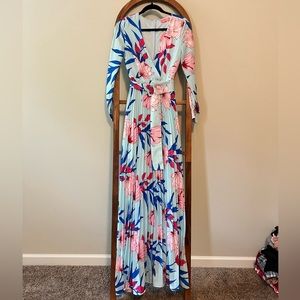 Floral Pleated Maxi Dress with Belt